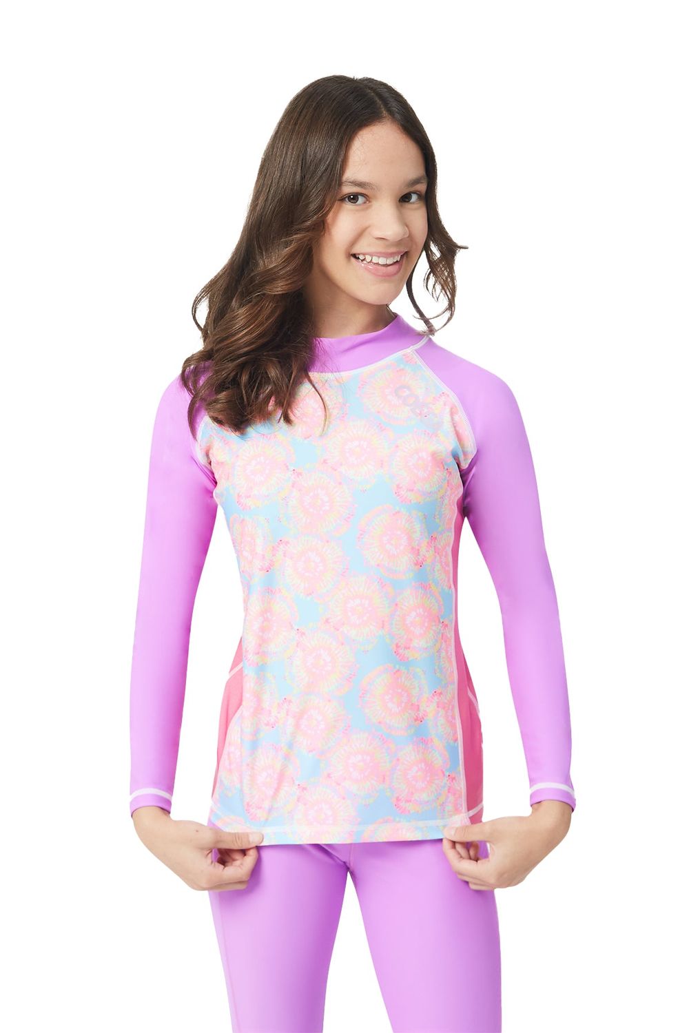 Coega Sunwear - Girl's Tie Dye Long Sleeve Swim Rashguard - Pink/Blue