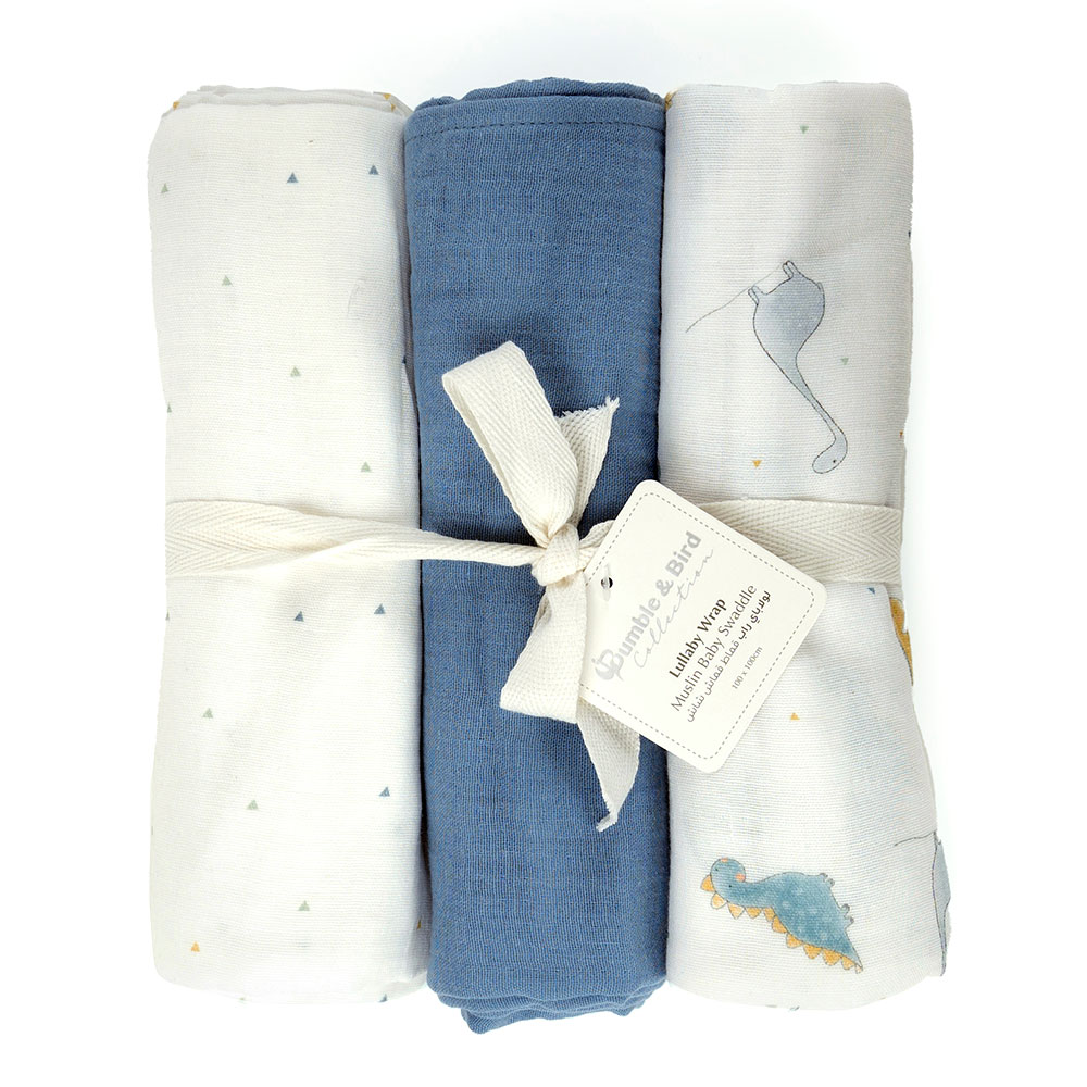 Bumble & Bird Lullaby Wrap Muslin Swaddle 3pcs Dino