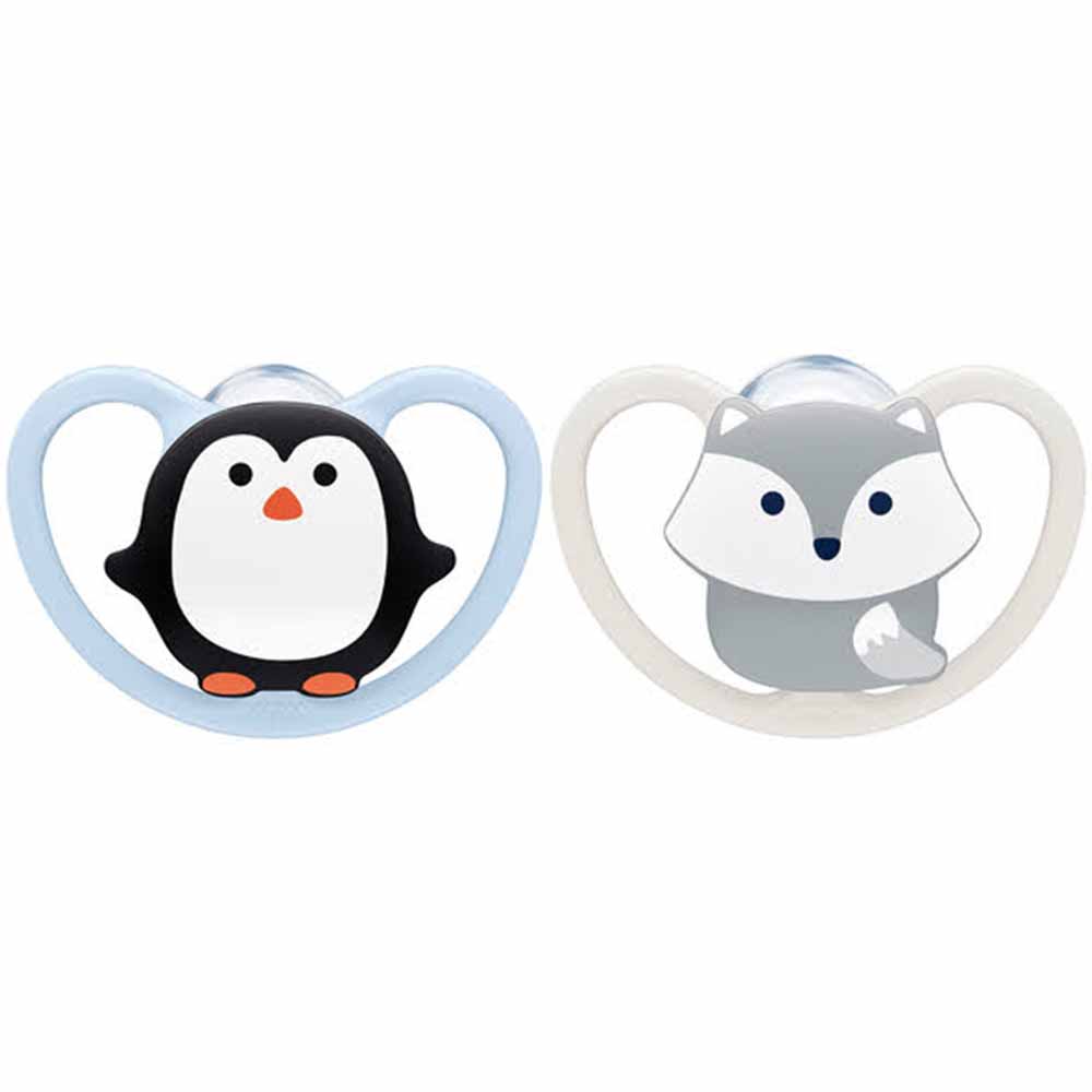 NUK Animals Space Silicone Soother 0 6m 2pc Penguin Fox