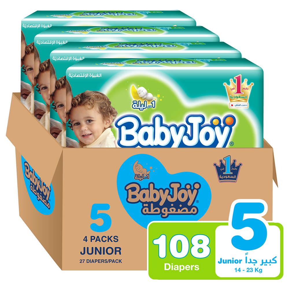 BabyJoy Compressed Diamond Pad Diaper Size 5 14-23kg, Pack of 4 - 108 pcs