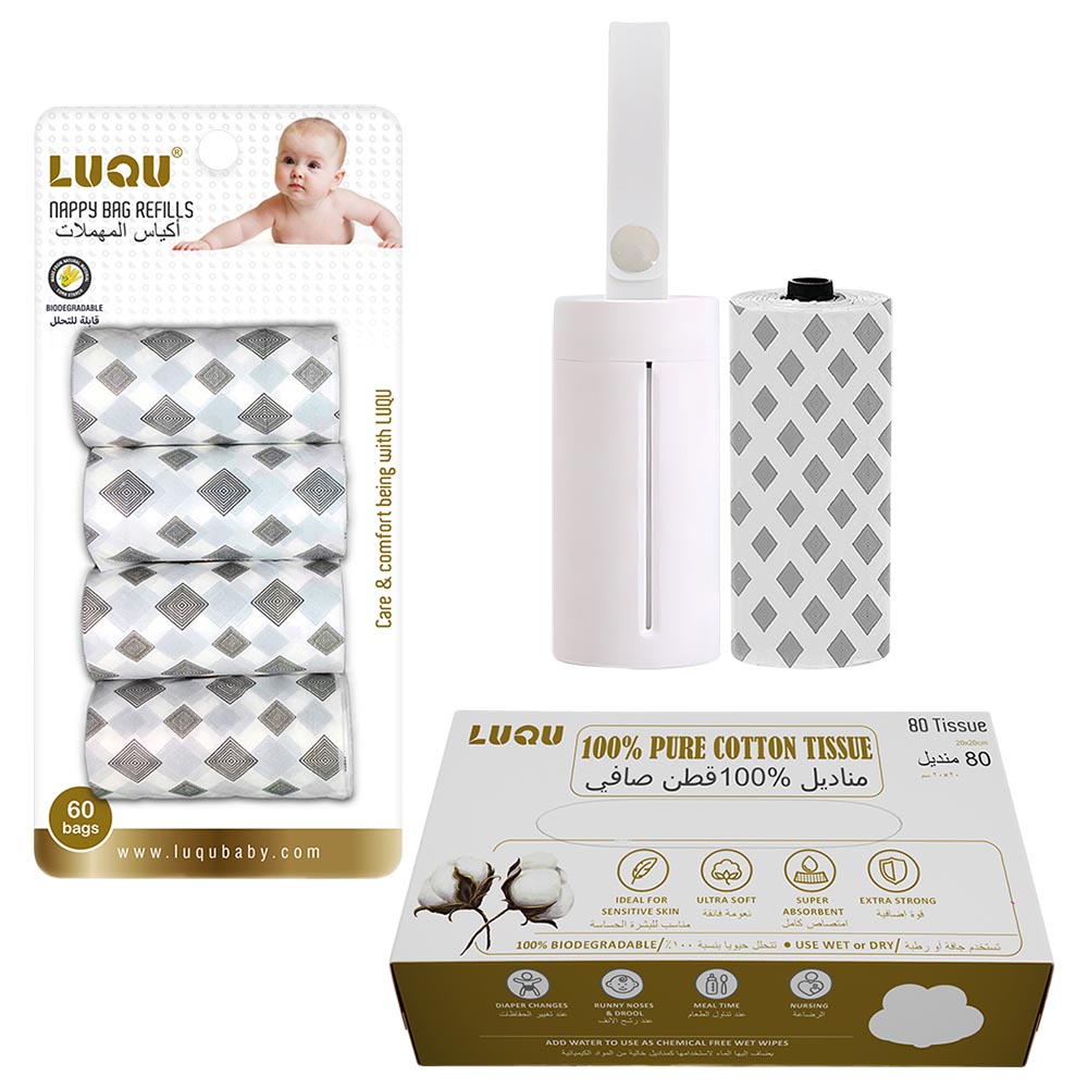 Luqu Diaper Bag Dispenser w/ Disposable Refill Bags & Cotton Tissue