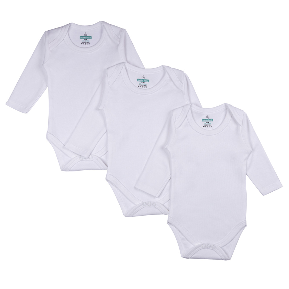 Babies Basic 3pc Set Cotton Long Sleeves Bodysuit White