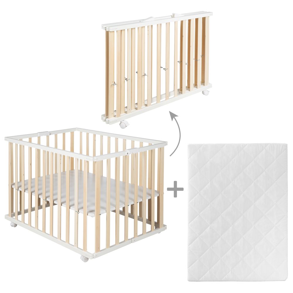 Roba Foldable Wooden Playpen W/ Mattress 74x100cm Natural
