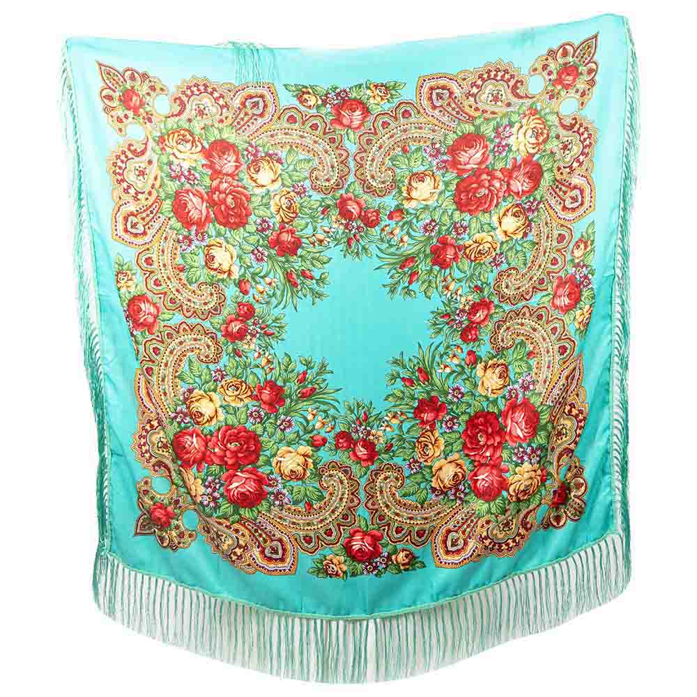 D' Daniela - Traditional Print Shawl - L - Turquoise W/ Gold