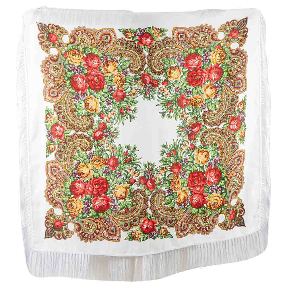 D' Daniela - Traditional Print Shawl - L - White W/ Gold