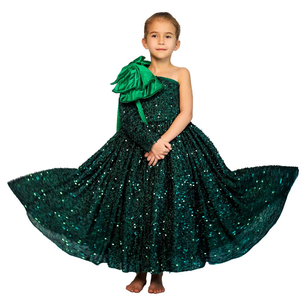 Ddaniela Heavy Sequins Side Bow Party Dress Girls Green