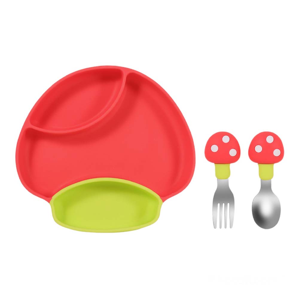 Cute Mushroom Baby Divided Plate Set Safe Silicone Suction Plate