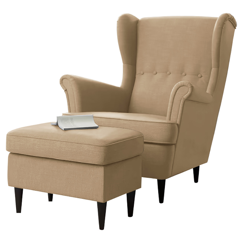 In House Chair King Linen w Two Wings Footstool Beige
