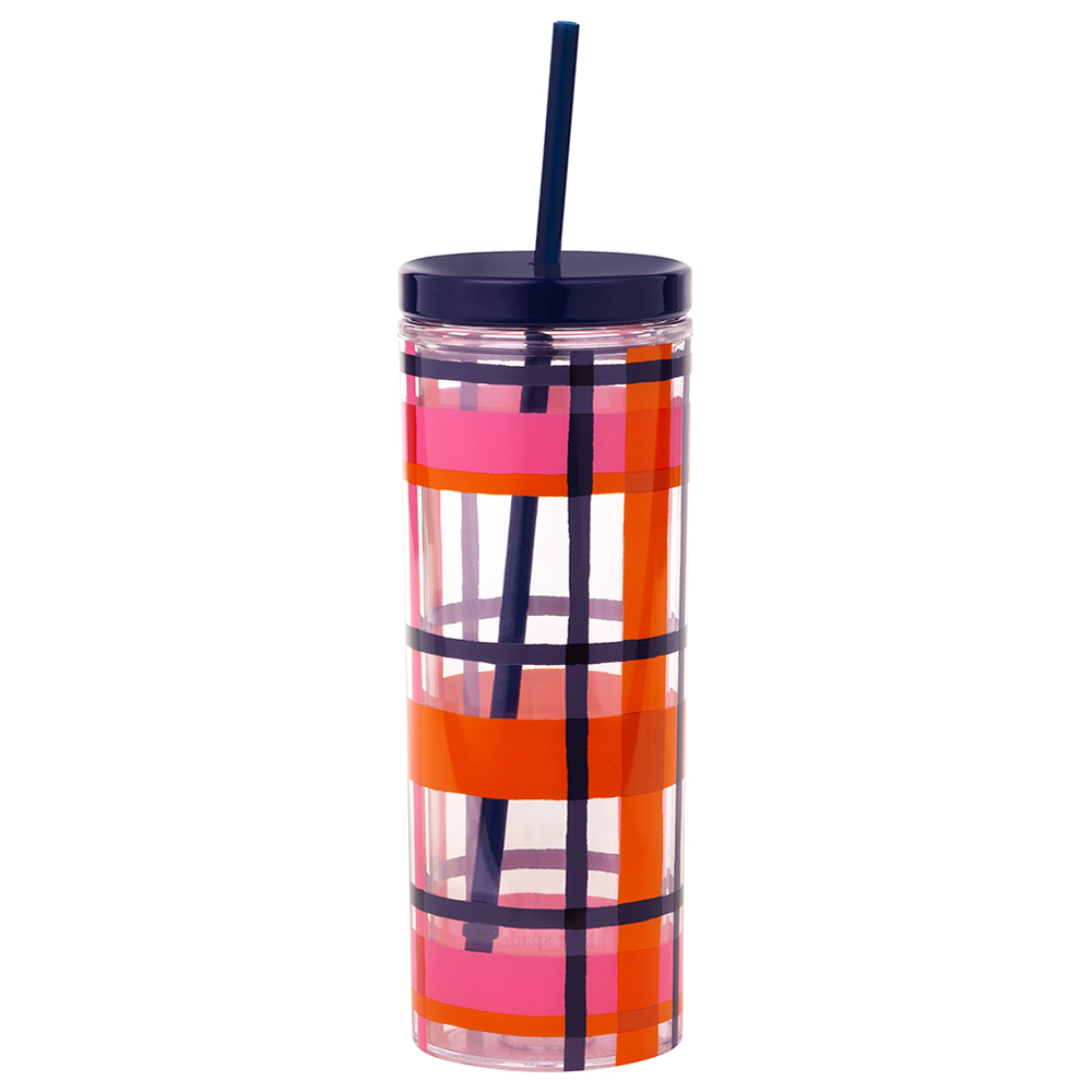 Kate Spade Acrylic Tumbler W/ Straw Spring Plaid