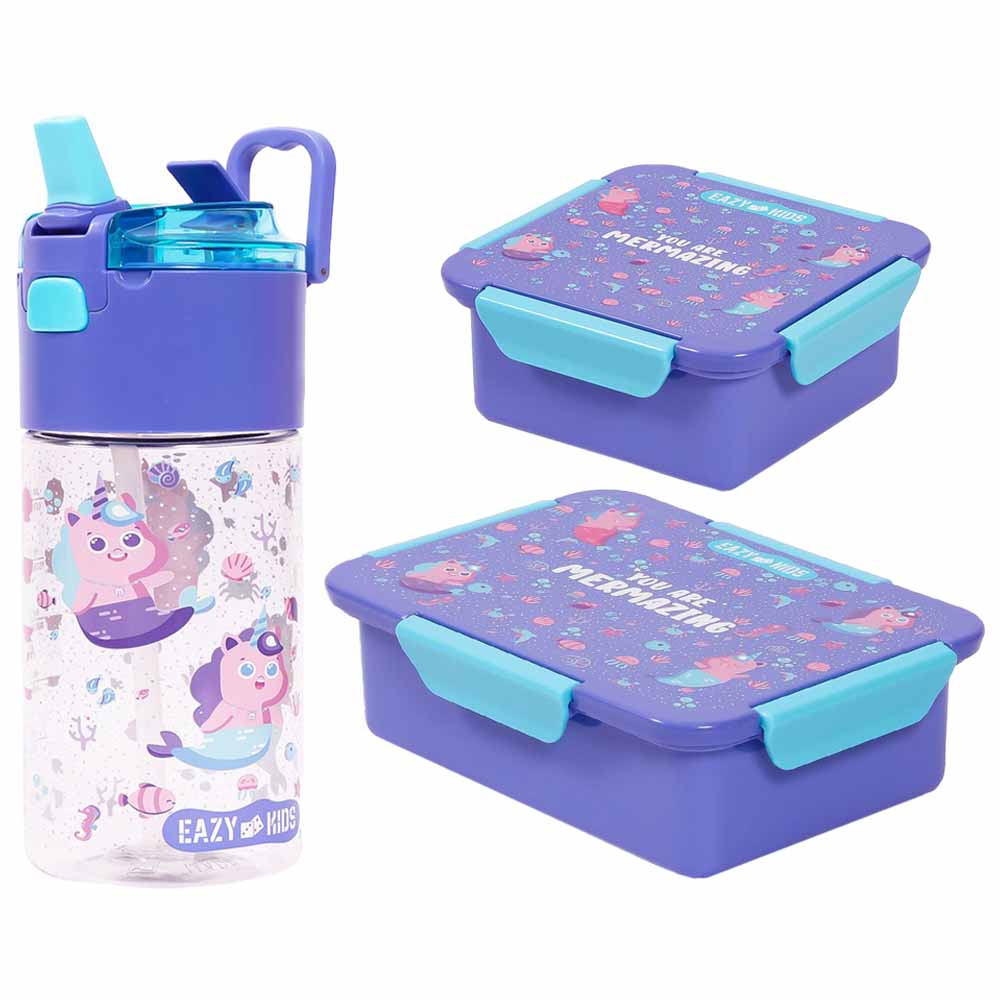 Eazy Kids Mermaid Lunch Box Water Bottle 450ml W Snack Box