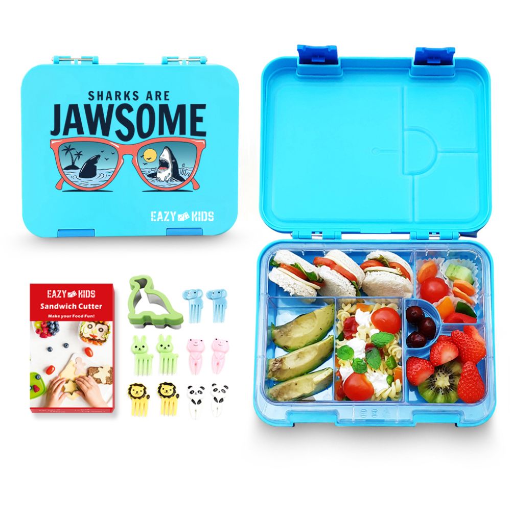 Eazy Kids 6 4 Convertible Bento Lunch Box w Sandwich Cutter Set Jawsome Blue