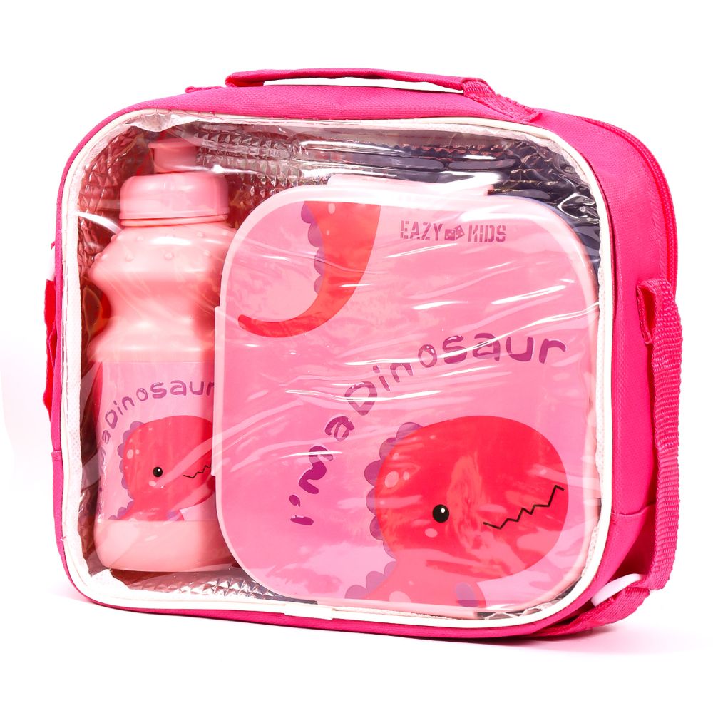 Eazy Kids Lunch Box and Water Bottle With Bag Dino Pink