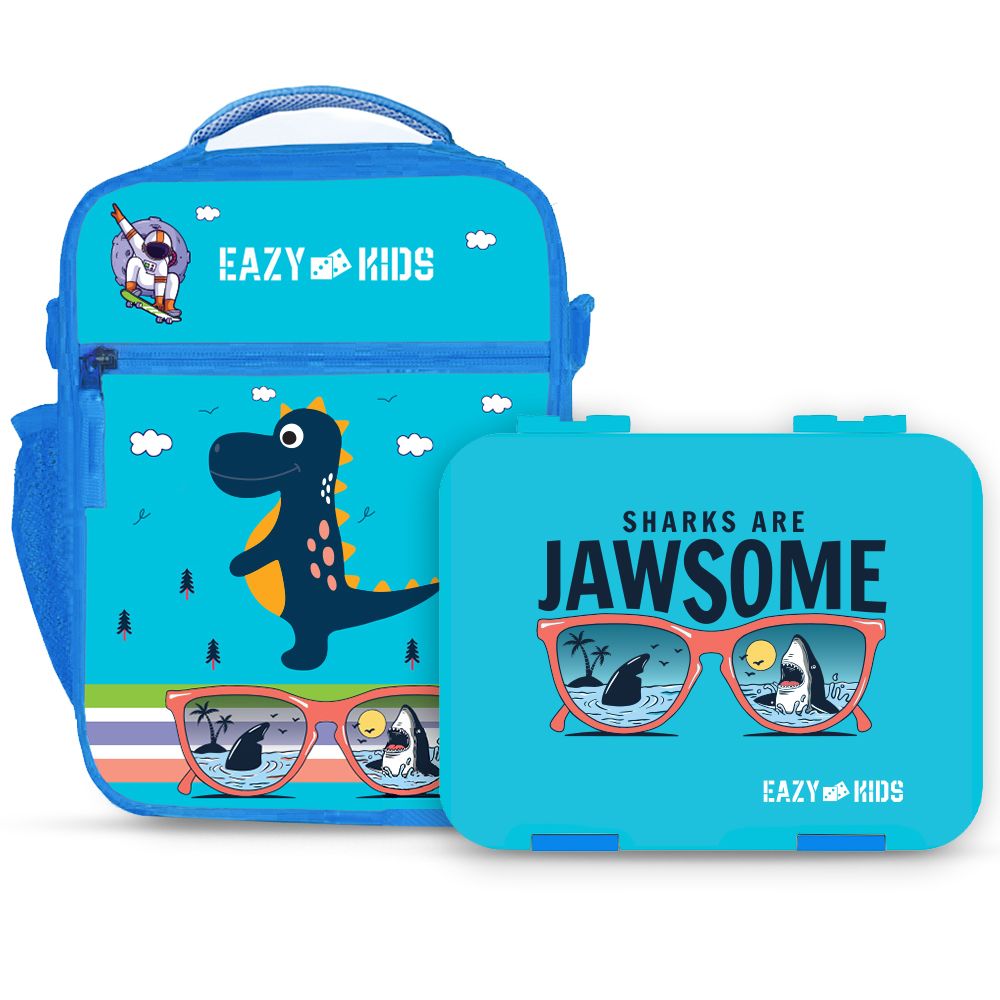 Eazy Kids Bento Boxes w/ Insulated Lunch Bag Jawsome Shark Blue