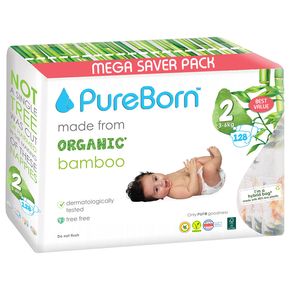 Pureborn Value Pack Nappies 36kg Size 2 128pcs Tropic