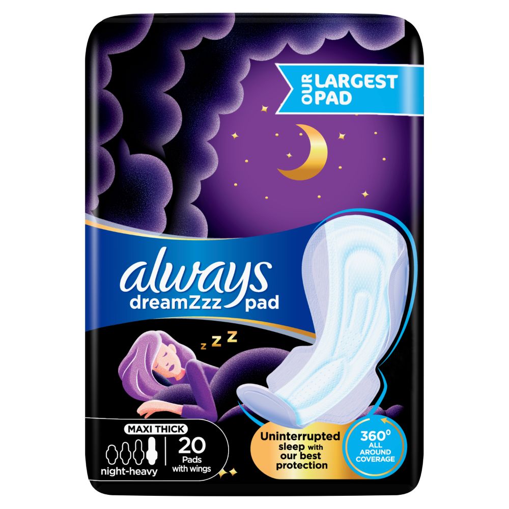 Always Dreamzz Pad Clean & Dry Maxi Thick, Night Long Sanitary Pads W/  Wings 20 Count