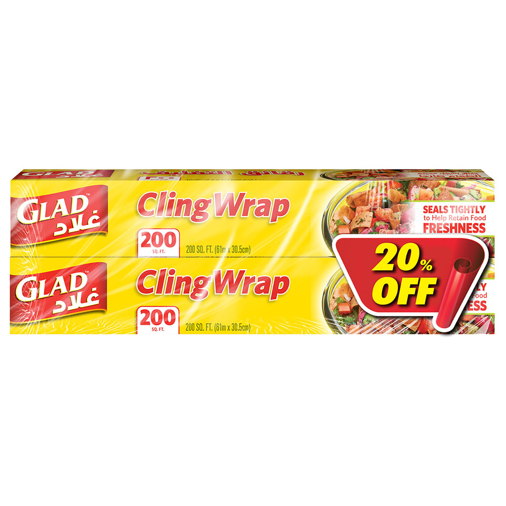 Glad Cling Wrap Clear Plastic Wrap, 200 Sq Ft (Pack of 3)