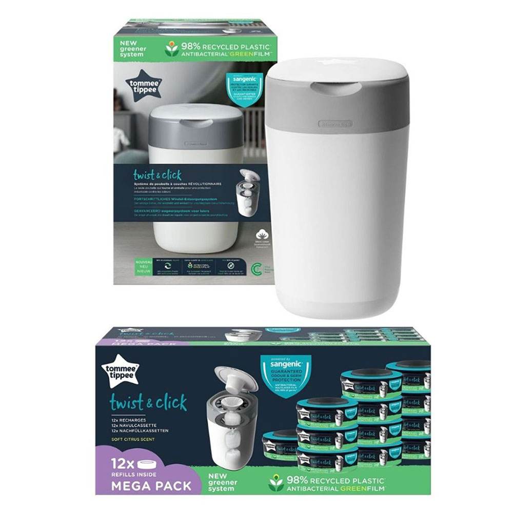 Tommee Tippee Twist & Click Advanced Nappy Disposal NEW Green System with 4  Pack Refill Cassettes