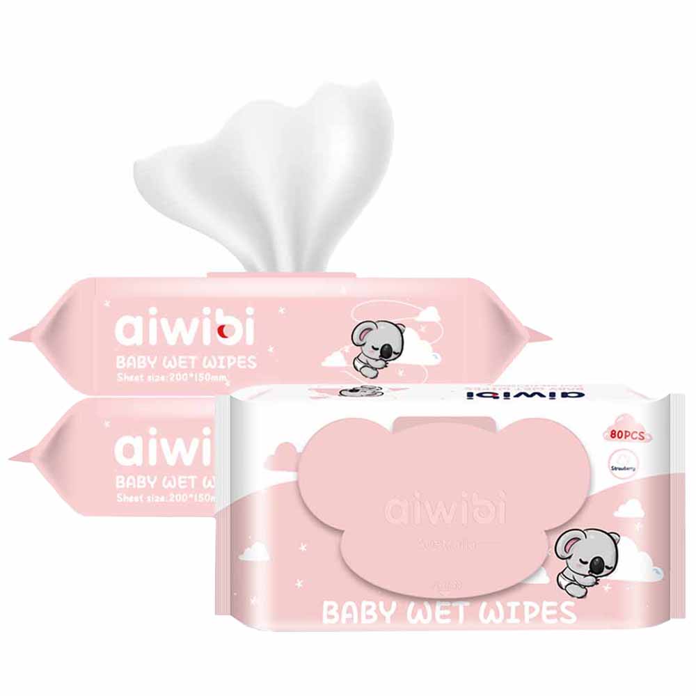 Aiwibi Strawberry Baby Wet Wipes 80's Pack of 3