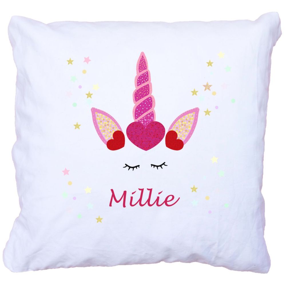 Mini Plum - Personalised Unicorn Name Cushion Cover - White