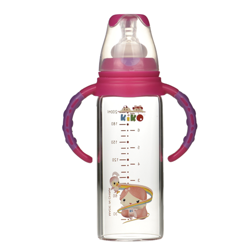 Kiko - Glass Feeding Bottle With Handle - Pink - 180 ml