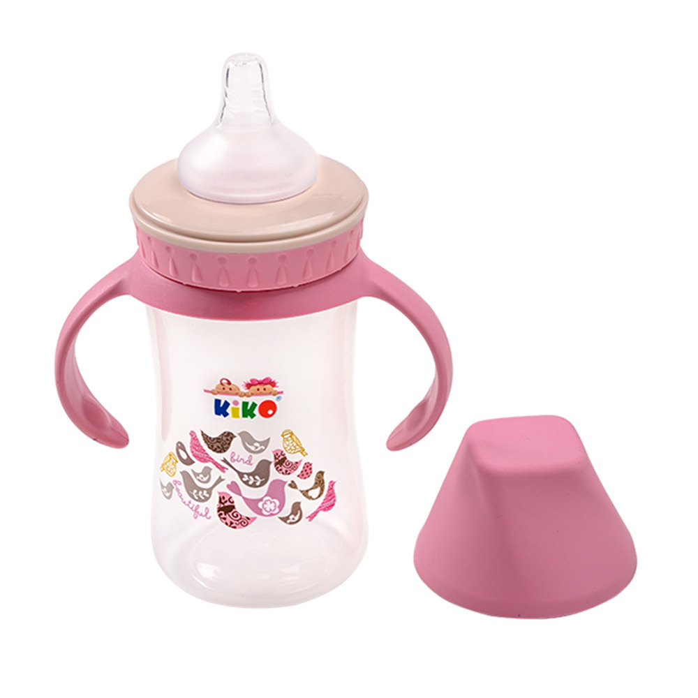 Kiko - Wide Neck Feeding Bottle With Handle - Pink - 250 ml