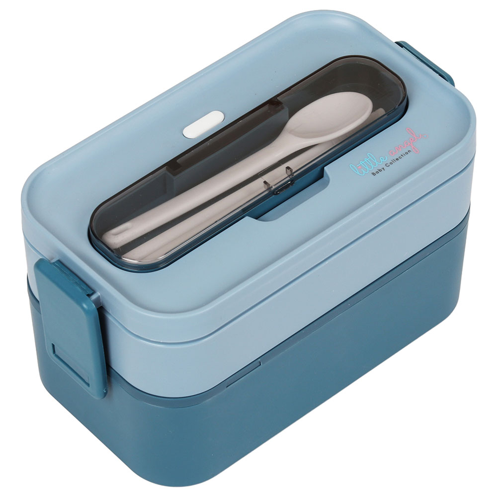 Little Angel Kid's Bento Lunch 2 Layered Box With Cutlery Blue