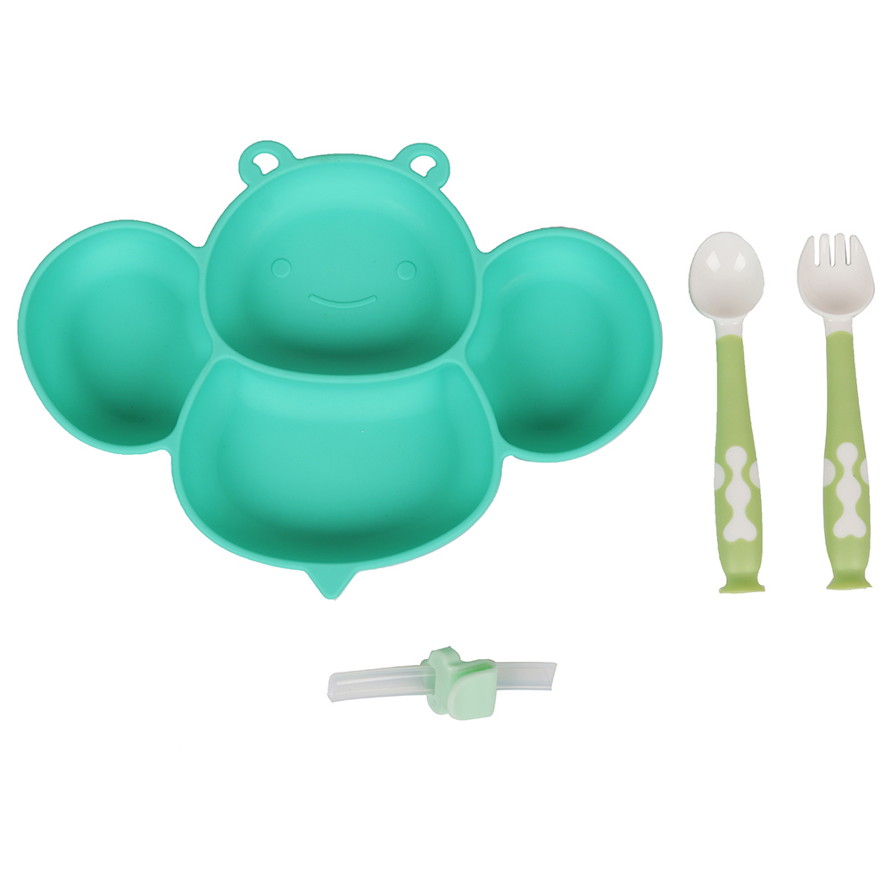 Little Angel Kids Silicone Bee Plate Bowl Spoon & Fork Green