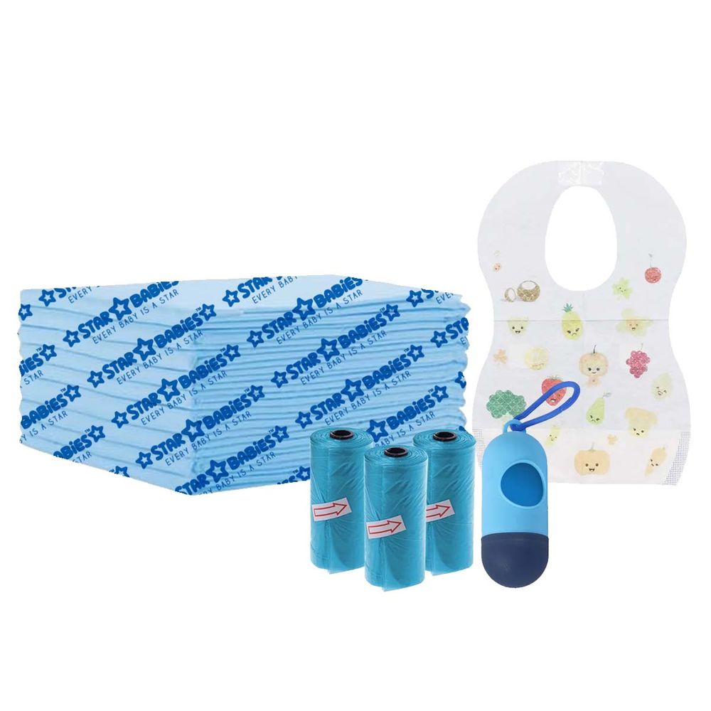 Star Babies - Changing Mat 10pcs Scented Bag With Dispenser 45pcs & Bibs 10pcs - Blue