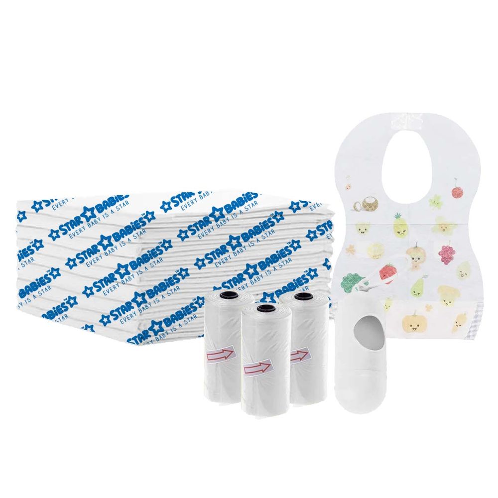 Star Babies - Changing Mat 10pcs Scented Bag With Dispenser 45pcs & Bibs 10pcs - White