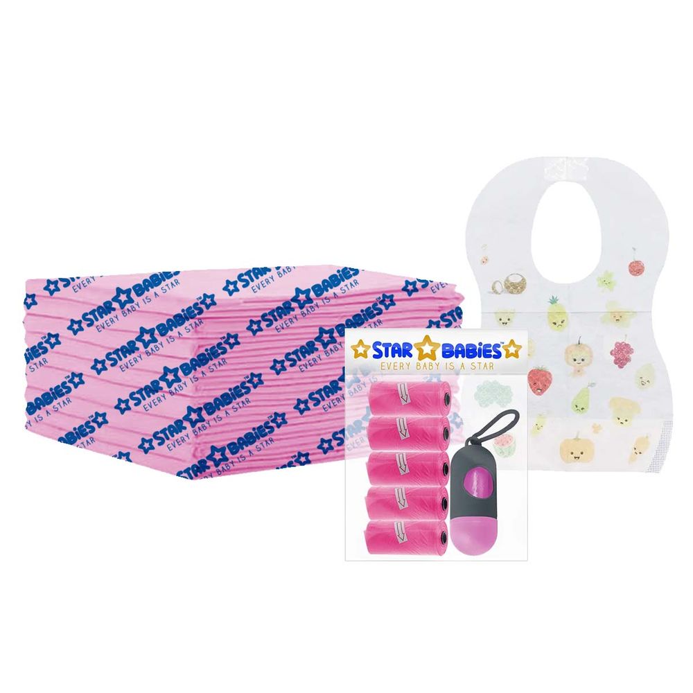 Star Babies - Changing Mat 15pcs Scented Bag With Dispenser 75pcs & Bibs 15pcs - Pink