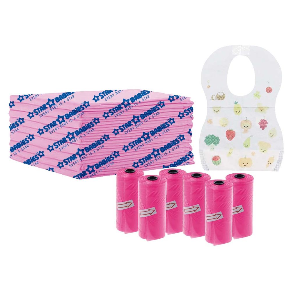 Star Babies - Disposable Changing Mat 5pcs, Scented Bag 6pcs 90pcs With Disposable Bibs 10pcs - Pink