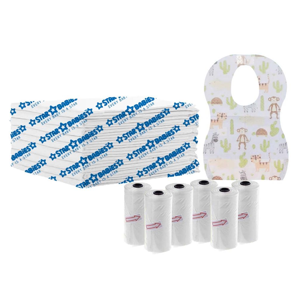 Star Babies - Disposable Changing Mat 5pcs, Scented Bag 6pcs 90pcs With Disposable Bibs 10pcs - White