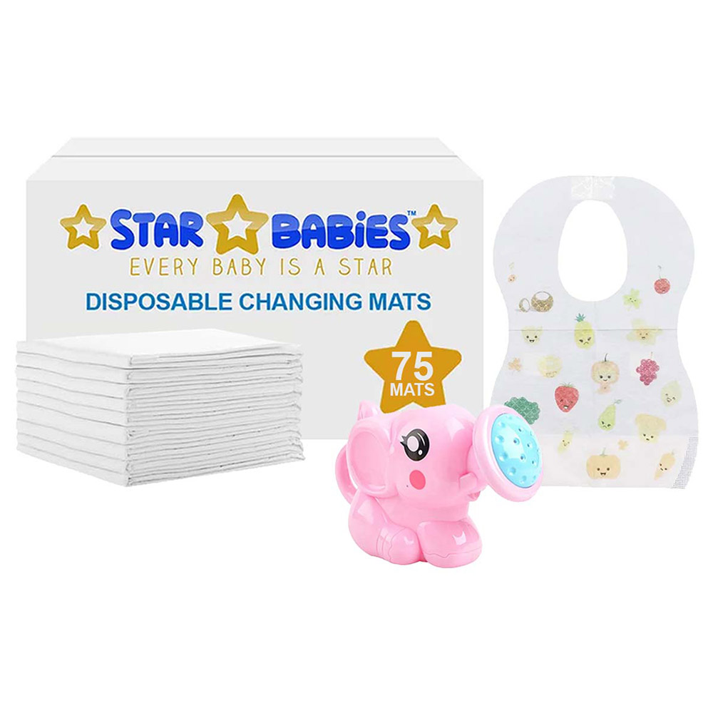Star Babies - Changing Mat 75pcs, Bibs 75pcs with Pink Kettle Toy - White