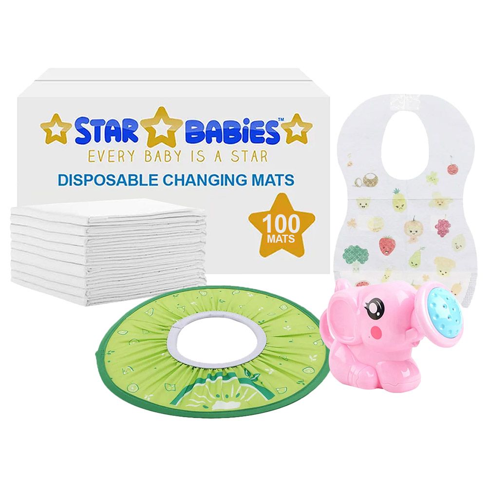 Star Babies - Changing Mat 100pcs, Bibs 100pcs with Pink Kettle Toy & Green Shower Cap - White