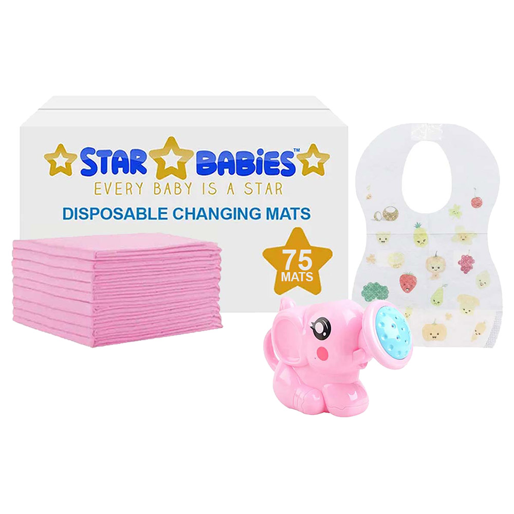 Star Babies - Changing Mat 75pcs, Bibs 75pcs with Pink Kettle Toy - Pink