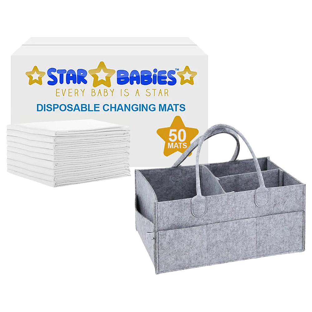 Star Babies - Diaper Caddy Organizer with Disposable Changing Mat 50pcs - Grey