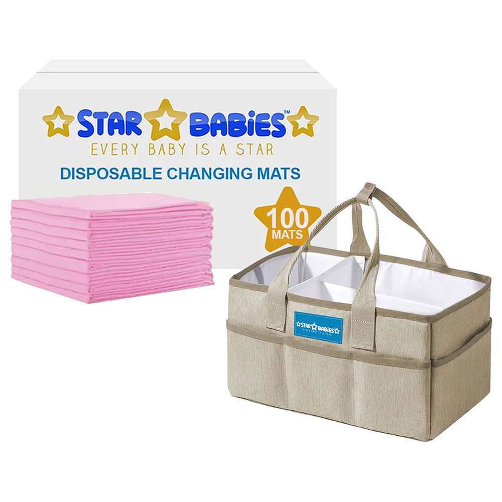 Star Babies - Diaper Caddy Organizer Big with Disposable Changing Mat 100pcs - Beige