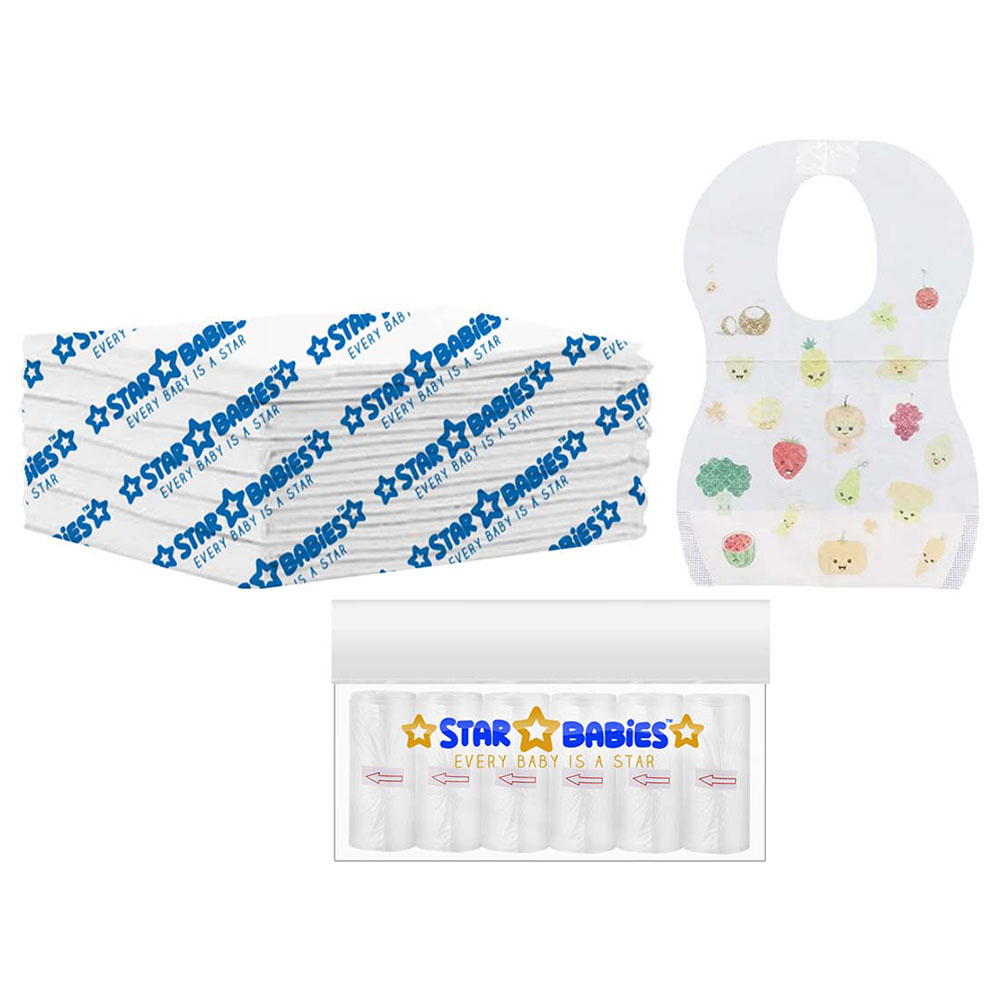 Star Babies - Disposable Changing Mat 6pcs & Scented Bag 6pcs with Disposable Bibs 6pcs - White