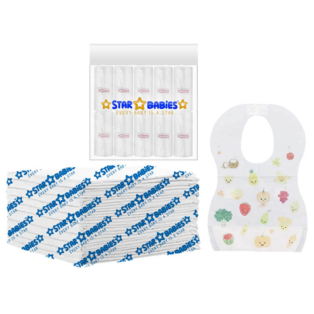 Star Babies - Disposable Changing Mat 10pcs & Scented Bag 10pcs with Disposable Bibs 10pcs - White