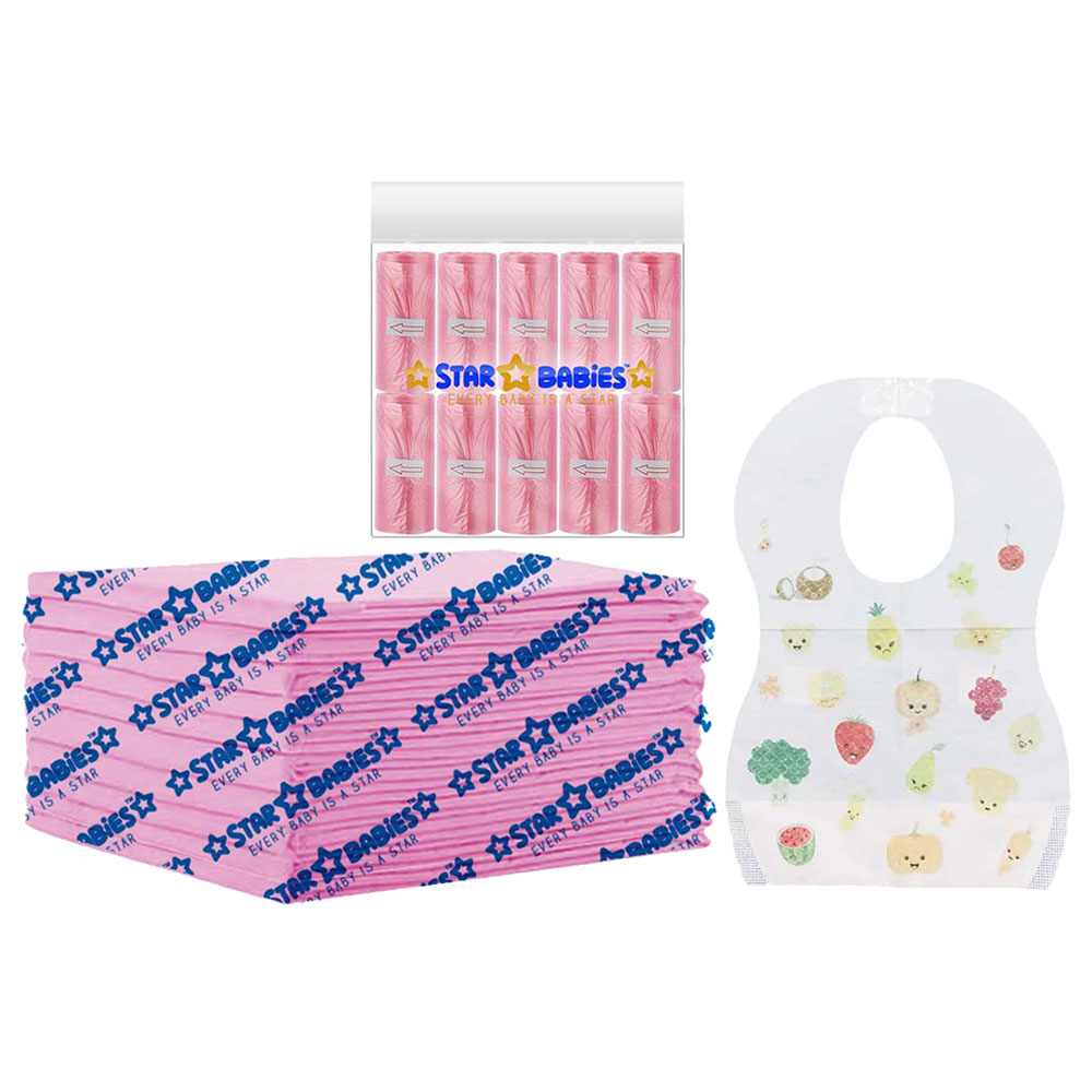 Star Babies - Disposable Changing Mat 10pcs & Scented Bag 10pcs with Disposable Bibs 10pcs - Pink