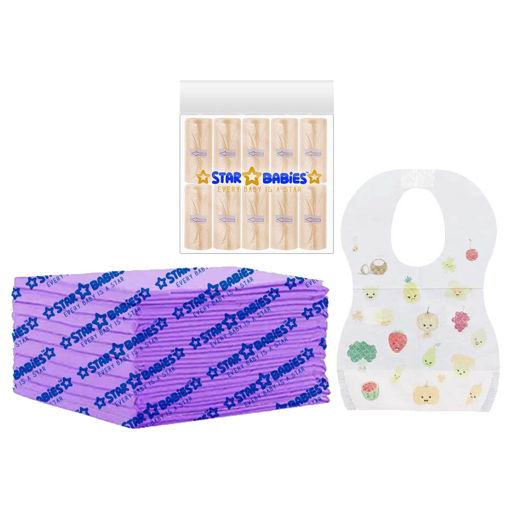 Star Babies - Disposable Changing Mat 10pcs & Scented Bag 10pcs with Disposable Bibs 10pcs - Lavender