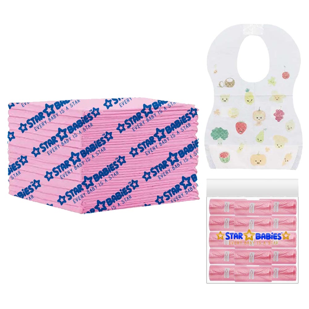 Star Babies - Disposable Changing Mat 15pcs & Scented Bag 15pcs with Disposable Bibs 15pcs - Pink