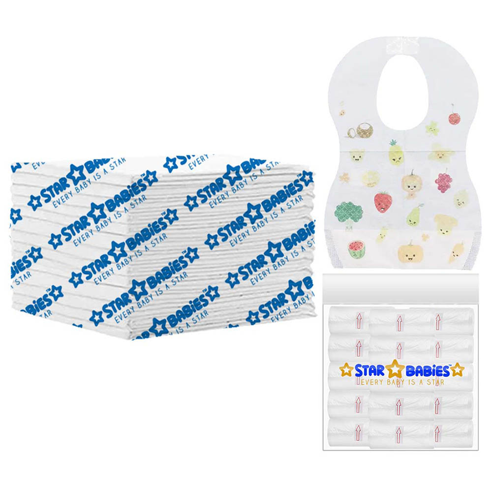 Star Babies - Disposable Changing Mat 15pcs & Scented Bag 15pcs with Disposable Bibs 15pcs - White