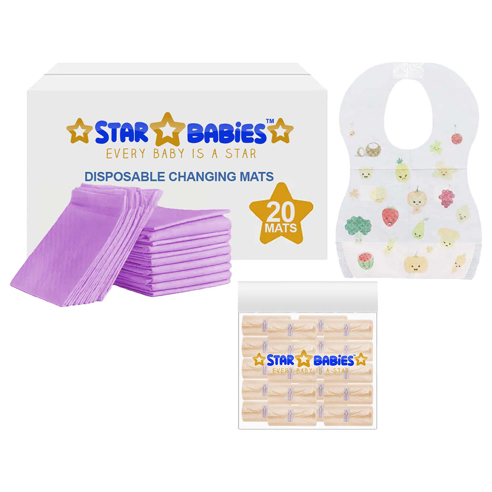 Star Babies - Disposable Changing Mat 20pcs & Scented Bag 20pcs with Disposable Bibs 20pcs - Lavender