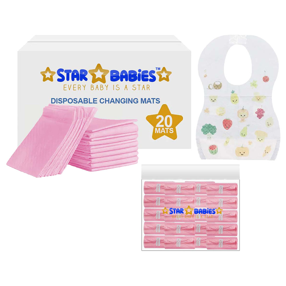 Star Babies - Disposable Changing Mat 20pcs & Scented Bag 20pcs with Disposable Bibs 20pcs - Pink