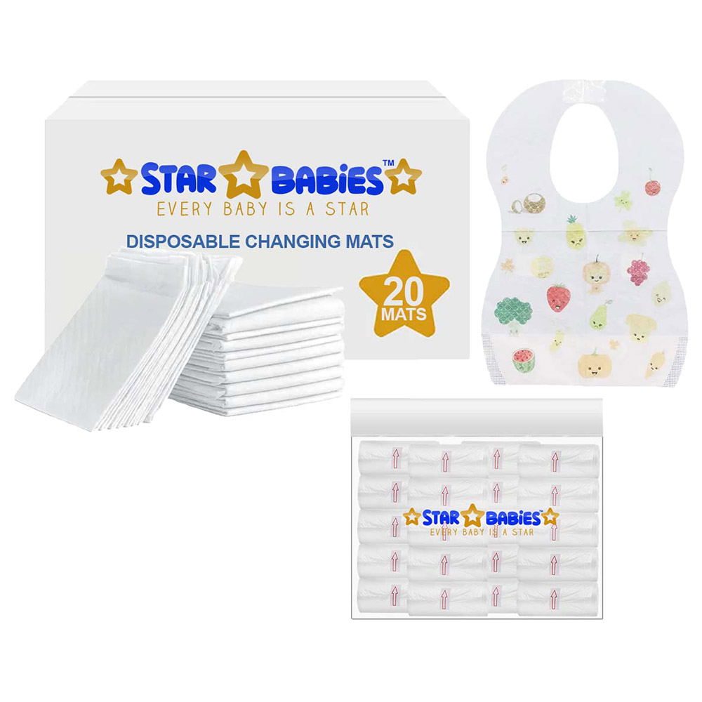 Star Babies - Disposable Changing Mat 20pcs & Scented Bag 20pcs with Disposable Bibs 20pcs - White