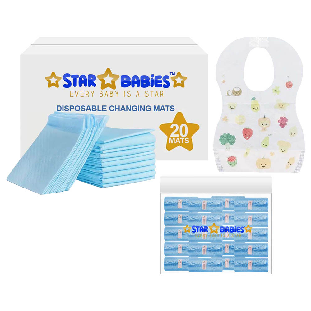 Star Babies - Disposable Changing Mat 20pcs & Scented Bag 20pcs with Disposable Bibs 20pcs - Blue