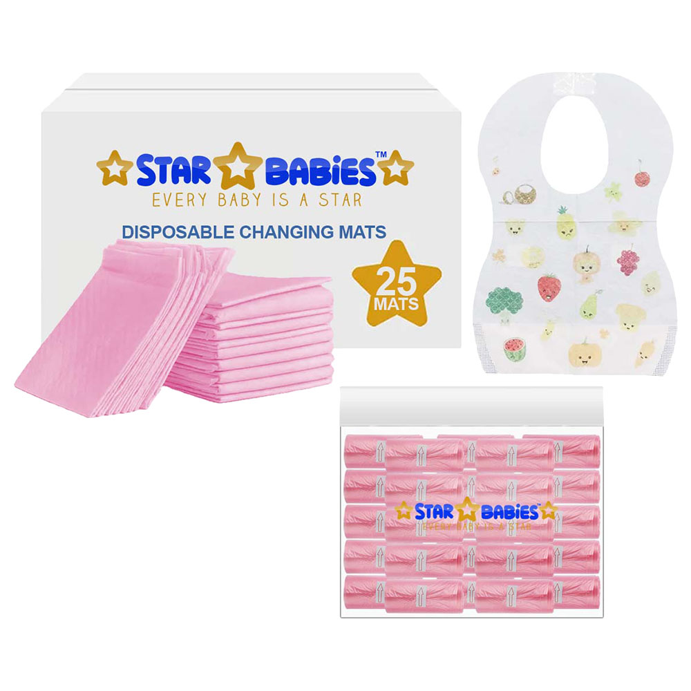 Star Babies - Disposable Changing Mat 25pcs & Scented Bag 25pcs with Disposable Bibs 25pcs - Pink