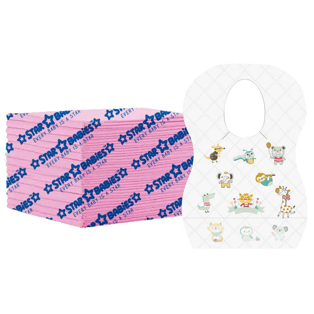 Star Babies - Disposable Bibs Animal Print 15pcs With Changing Mat 15pcs - Pink