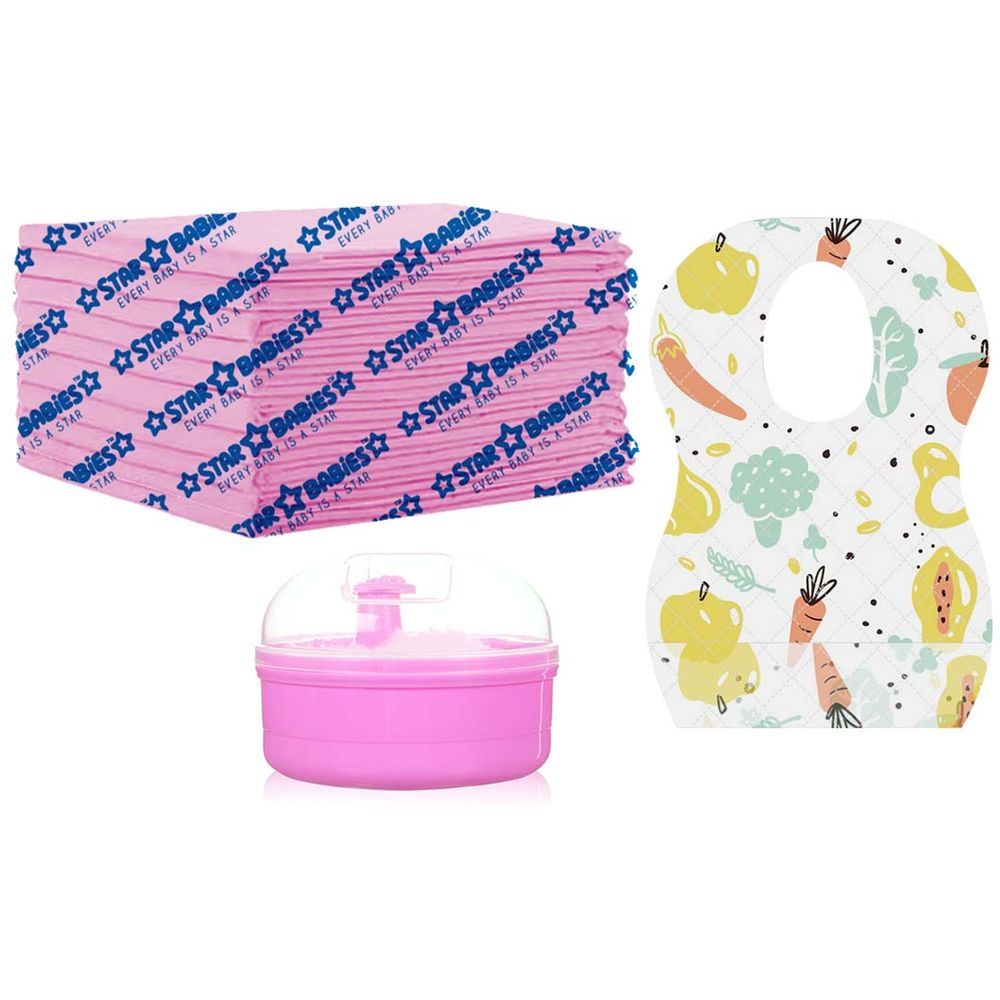 Star Babies - Powder Puff & Disposable Bibs 10pcs With Disposable Changing Mat 10pcs - Pink